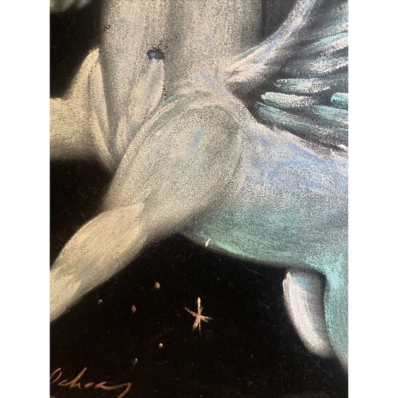 Fantasy unicorn Rainbow Velvet Painting 21 x27" Wood Frame Pegasus Signed - Picture 9 of 16